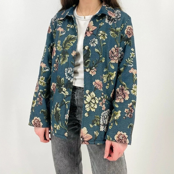 vintage spruce blue boho floral tapestry button down jacket size M - Picture 9 of 9
